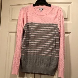 Kim Rogers - XL - Pink with Gray Stripe Small Cable -Cotton Sweater